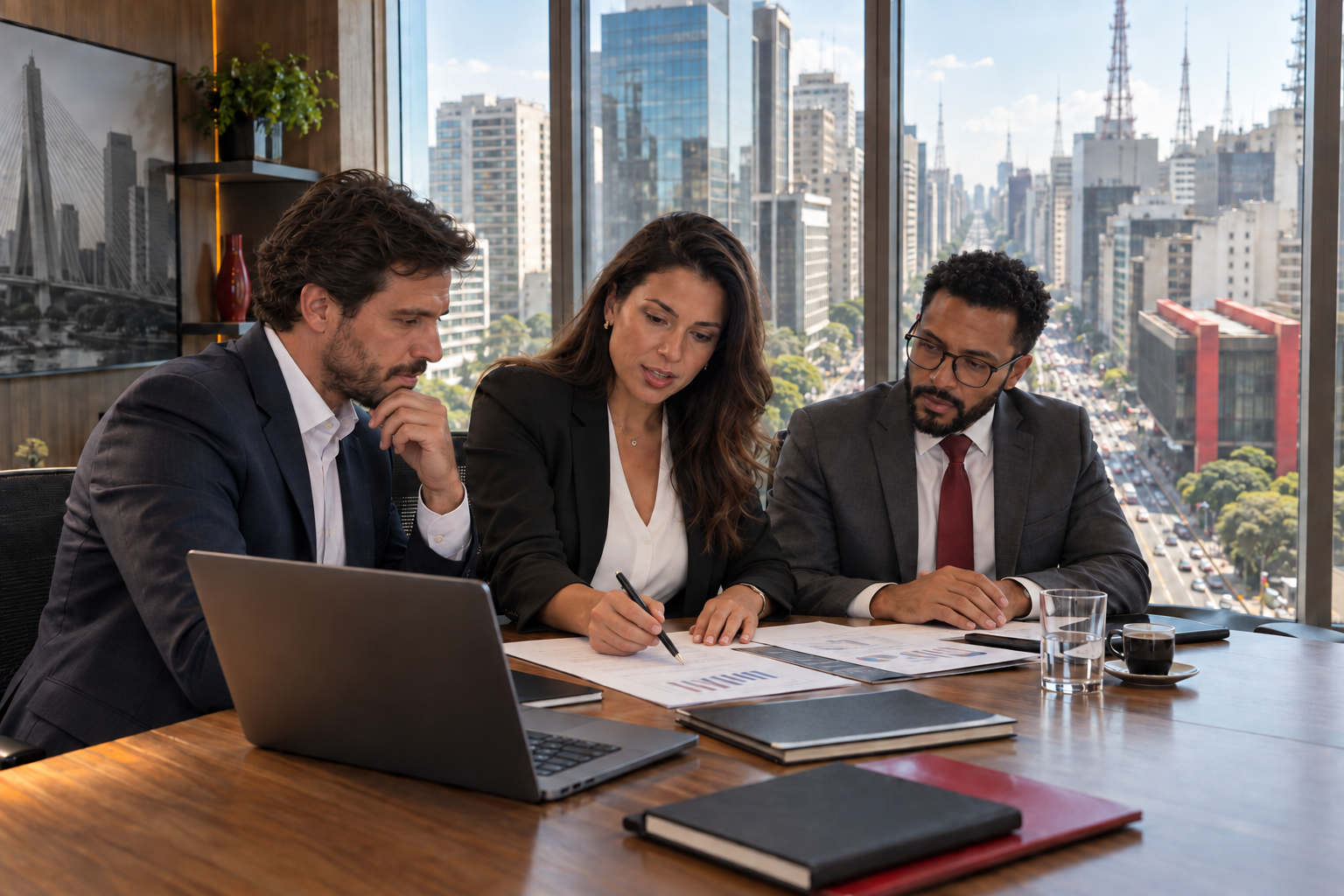 Profissionais analisando documentos e planejando processos em conjunto